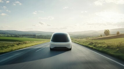 Futuristic electric vehicle on scenic countryside highway at sunset. Net zero and carbon neutral concept