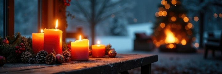 Winter evening atmosphere with burning candles on a wooden table, ambience, wooden, cozy