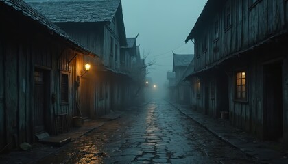 Old wooden houses on dark uneven stone street in misty fishing village create scary atmosphere. Creepy deserted desolate gloomy street with spooky lighting, weathered walls. Haunted abandoned place.