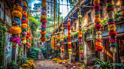 Fototapeta premium Urban Park Floral Garland, Hanging Flowers, City Oasis, Spring Decoration, Nature in City