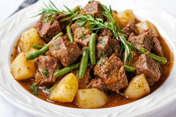 Fototapeta premium Hearty beef stew with potatoes and green beans, garnished with rosemary. Comfort food at its finest.