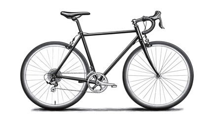 Obraz premium A three-quarter view of a black road bicycle is presented against a plain white background. The bicycle is depicted in a side profile, clearly showing its frame, wheels, handlebars, seat, pedals,