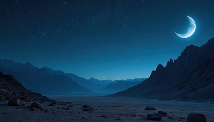 Panoramic night sky with half moon over mountains. Stars shine in dark blue sky. Calm rural scene evokes tranquility. Great outdoors wallpaper background. Beautiful scenery, Ramadan Kareem concept.