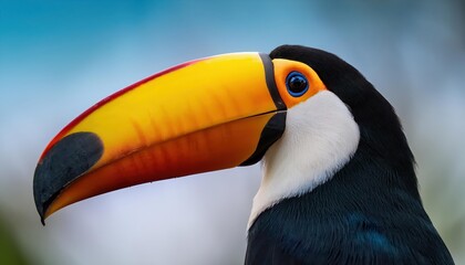 Naklejka premium Vivid Toco Toucan Closeup in the Lush Misiones Rainforest, Argentina A Striking Portrait of Natures Avian Majesty, Showcasing Detailed Plumage with a Splash of Red and Bright Eyes,