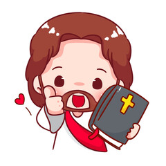 Cute Jesus chibi holding bible and thumb up cartoon character. Christian Catholic concept design. Vector icon mascot illustration.