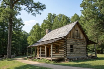 Obraz premium Wooden log cabin with a weathered roof and trees in the background, rustic cabin, roof