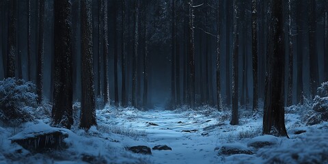 Snowy Forest Path Leading Through Tall Trees in Cold Winter