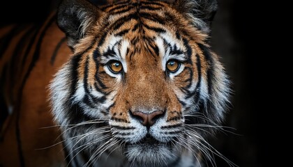 Naklejka premium Striking Portrait of a Majestic Sumatran Tiger, Capturing Its Power and Grace in the Jungle Twilight with Vibrant Amber Eyes, Dappled Light, and Rustic Fur Textures.