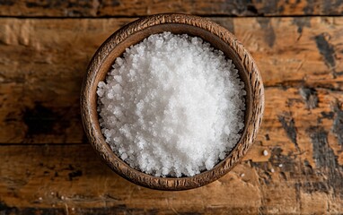 Wooden Bowl of Coarse Sea Salt on Rustic Wood