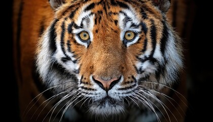 Striking Sumatran Tiger in Intense Closeup, Majestic Eyes Glowing with Primal Energy, Showcasing Power and Grace in the Jungles Enigmatic Shadow
