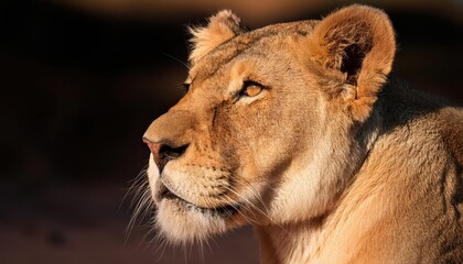 Closeup Lioness Profile Majestic African Lioness Showing Intense Gaze Amidst Savannah Sunset, Capturing Serene Strength and Vibrant Amber Tones