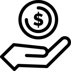 Hand holding a dollar coin line icon. Save money, salary, finance, cash concept. Logo symbol for web and mobile isolated on white background.