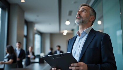 Fototapeta premium Businessman Looking Up Thoughtfully in Modern Office