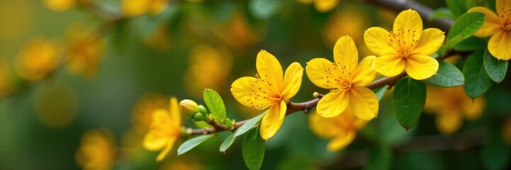 Fototapeta premium Yellow-orange blooms on bushy Berberis darwinii, garden, blossom, Berberis darwinii flowers
