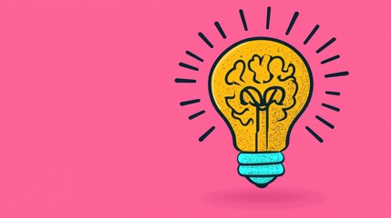 Fototapeta premium Illustration of a light bulb with a brain inside on a pink background. Concept of idea, creativity, and innovation.
