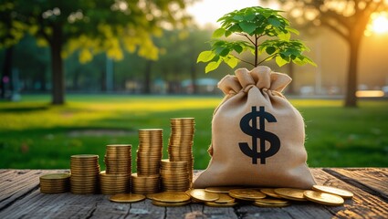 Stacking gold coins and money bag of tree with growing put on the wood on the morning sunlight in public park, Saving money and loan for business investment concept.