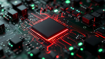 Close-up of circuit board with glowing red chip