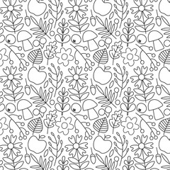 Seamless hand drawn floral pattern with leaves, flowers, mushrooms, apples, and acorns in black outline. Perfect for coloring pages, textiles, and design projects.