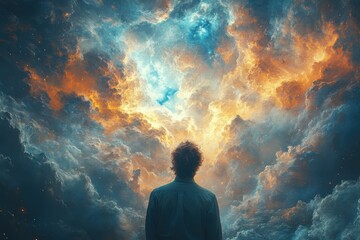 Obraz premium Person gazing at a vibrant sky filled with colorful clouds during twilight in a surreal landscape