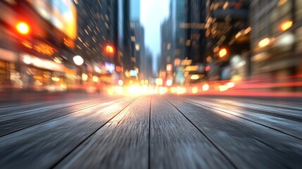 Obraz premium Blurred Urban Cityscape with Wooden Floor Perspective at Night