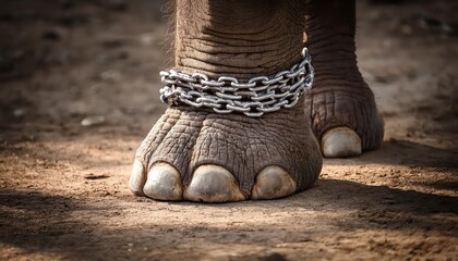 Intimate Portrait of an Elephants Leathery Foot, Bound by a Rusty Chain in the Heart of the African Savannah, Capturing both Strength and Melancholy.