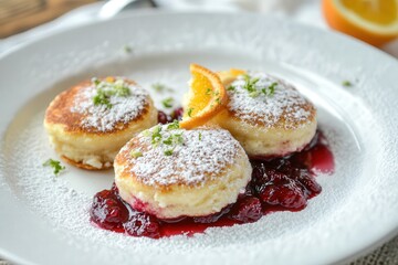 Winter cottage cheese pancakes with orange zest, cranberry sauce, and powdered sugar. A festive and cozy dish perfect for the holiday season.