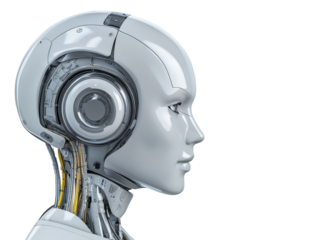 Closeup of futuristic robot head with headphones, immersed in audio bliss robot