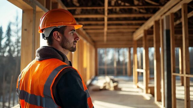 A construction worker watches a home construction site while wearing a safety vest and hard helmet.