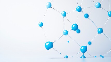 Abstract 3D rendering of a network of interconnected light blue spheres and thin lines against a white background. The spheres appear glossy and
