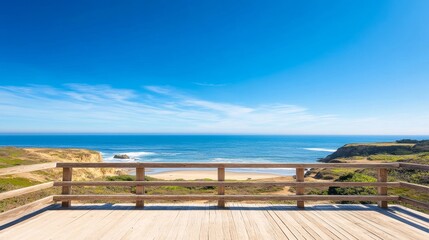 Obraz premium Scenic Coastal View from a Wooden Deck Overlooking the Ocean