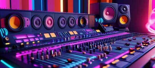 Neon Lit Music Studio Mixing Console