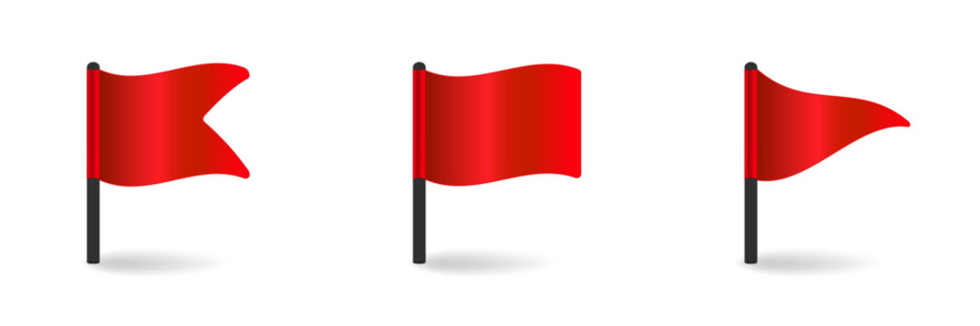 Three bright red flags wave in different shapes on black poles, symbolizing caution or danger.