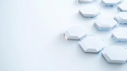 Abstract 3D rendering of white hexagonal shapes on a light background, with one glowing element. Clean, minimalist design