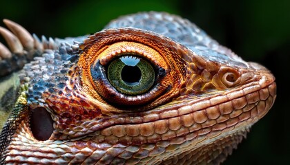 Fototapeta premium Vibrant Lizard Eye Magnified Majestic Reptile Gazing into Thai Jungle Twilight, Captured in Detail during Macro Photography Adventure.