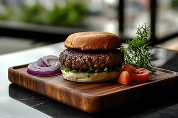 Delicious and juicy hamburger with fresh ingredients served on wooden tray