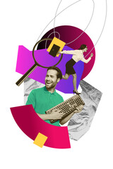 Exclusive image vertical photo collage of two happy business girl guy run vacancy search magnifier hold keypad guitar imitation