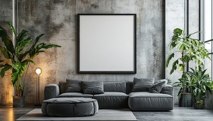 Modern Grey Sofa in Industrial Living Room with Plants and Blank Canvas