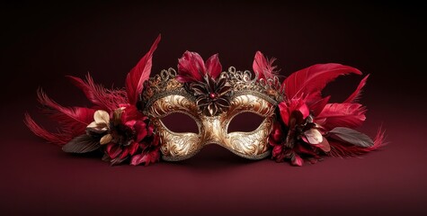 A luxurious Venetian carnival mask with golden and red feathers, set against an isolated dark burgundy background for text or design elements. 