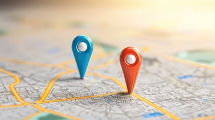 Location markers on a map. Concept of travel, navigation, and destination.