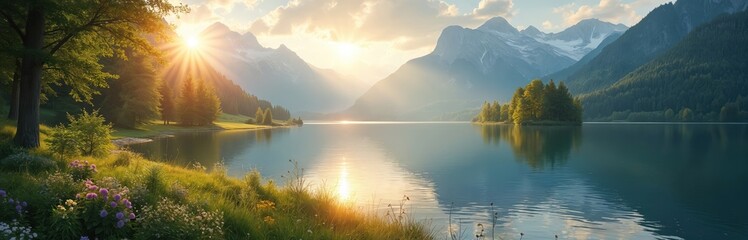 Fototapeta premium Scenic summer sunrise on Eibsee lake in German Alps Bavaria. Zugspitze mountain range and clear sky reflected in water. Beauty of nature background concept. Outdoor travel destination scene.