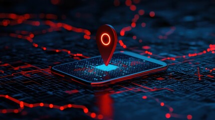 Location pin on a smartphone with a circuit board background. Concept of GPS, navigation, and technology.