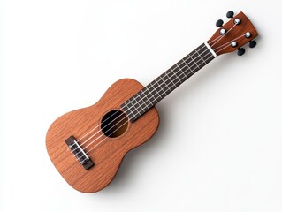 Obraz premium Brown ukulele on white background, overhead view. Simple, clean image showcasing the ukulele's details