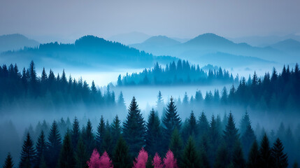 Misty Mountain Forest at Dawn with Pink Trees