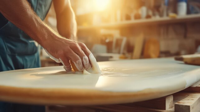 Craftsman applying resin to surfboard blank