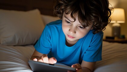 Naklejka premium Young Boy Using Tablet in Dark Bedroom