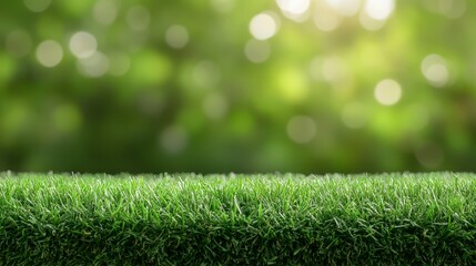 Vibrant green grass in focus against a blurred background of lush green bokeh. Perfect for spring or summer themes