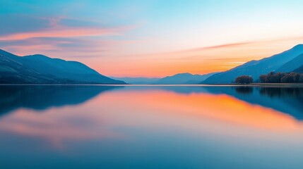 Fototapeta premium Serene Sunset Over Calm Lake with Colorful Reflections in Sky