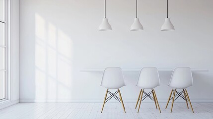 Fototapeta premium Minimalist interior with white walls, wooden floor, three chairs and lamps. Concept of interior design, home decor, and modern living.