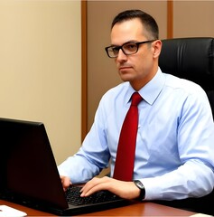 Un ejecutivo masculino con gafas escribiendo en la oficina. Tiene una expresión seria.