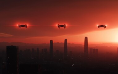 Drones flying at sunset over urban skyline aerial photography cityscape dramatic atmosphere